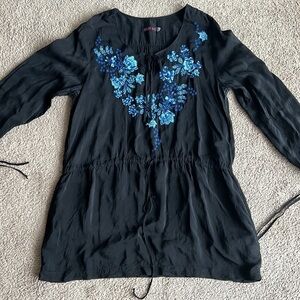 Johnny Was Black Blue Floral Embroidered Tunic